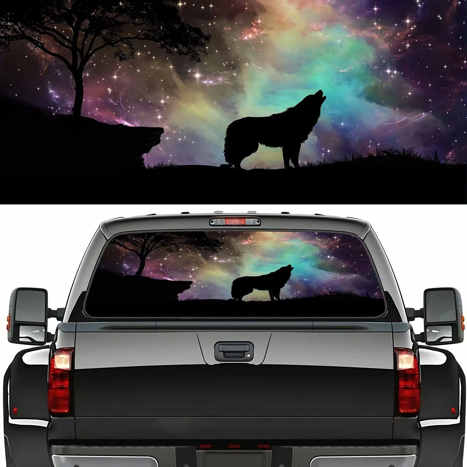 

Rear Window Graphic Decal for Trucks SUV, Cars, Universal,Starry Sky Wolf Single Side View Perforated Vinyl Window Film Truck Ba