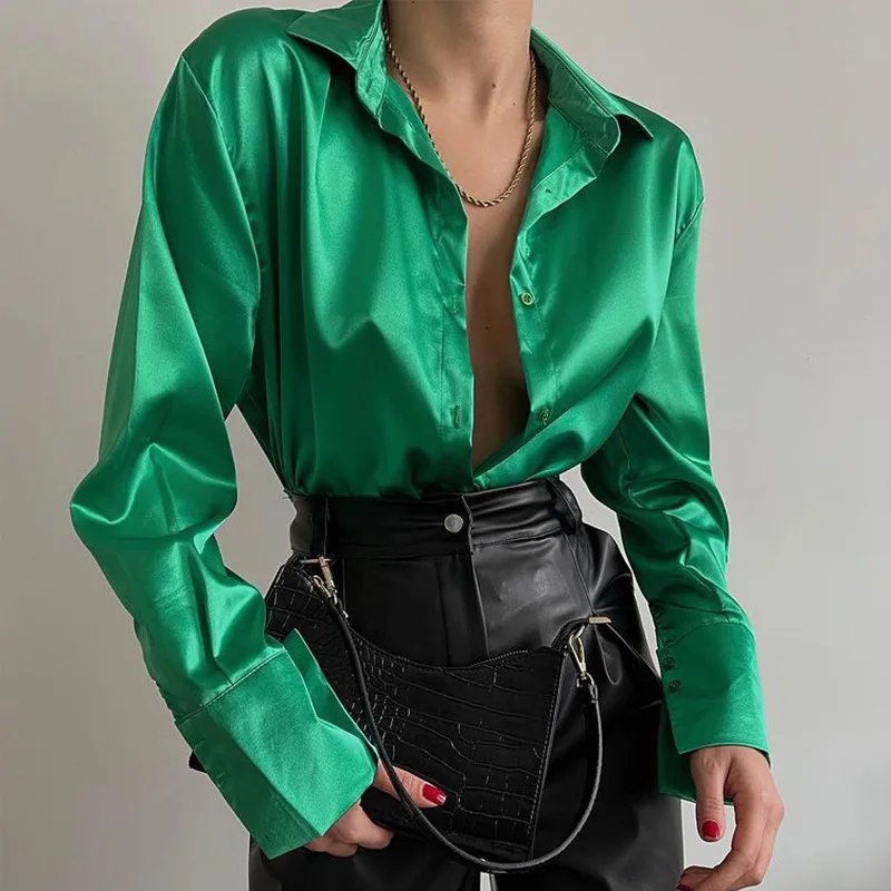 Green Elegant Satin Shirt Women 2022 Long-Sleeved Spring Vintage Blue Blouses Fashion Temperament Casual Tops Shirt  Clothing