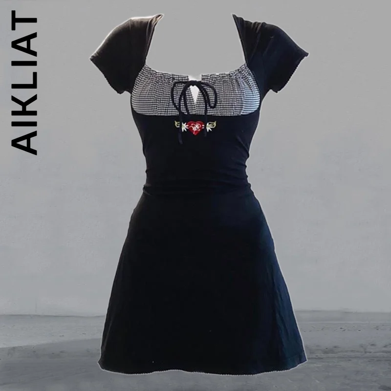 

Модное платье Aikliat, женское черное платье в стиле пэчворк с квадратным вырезом и коротким рукавом, стильные женские платья, женские платья