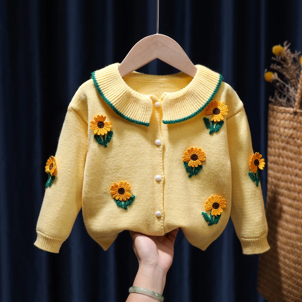 

Toddler Girl Sweater Knitted Cardigan Yellow Little Daisy Appliques Warmer Coat Tops for Girls Spring Kids Clothes Retro Sweater