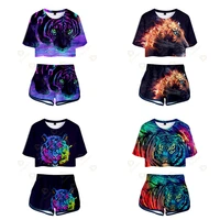 3d print tiger shorts and t shirts for women two piece sets crop top tracksuit t shirt beach sports outdoor for sexy girls