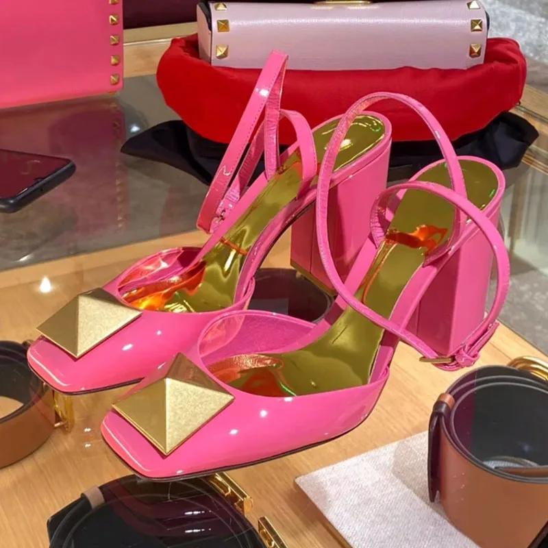 

2022 New Brand Big Rivet Green PinkWomen Sandals Square High Heel 9CM Ladies Elegant Dress Pumps Shoes Ankle Buckle Shallow Mule
