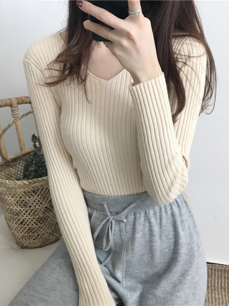 

Women's Sweater V Neck Pullover Solid Color Autumn Winter Tight Long Sleeve Knitted Bottoming Top Cheap Wholesale Women Clothes