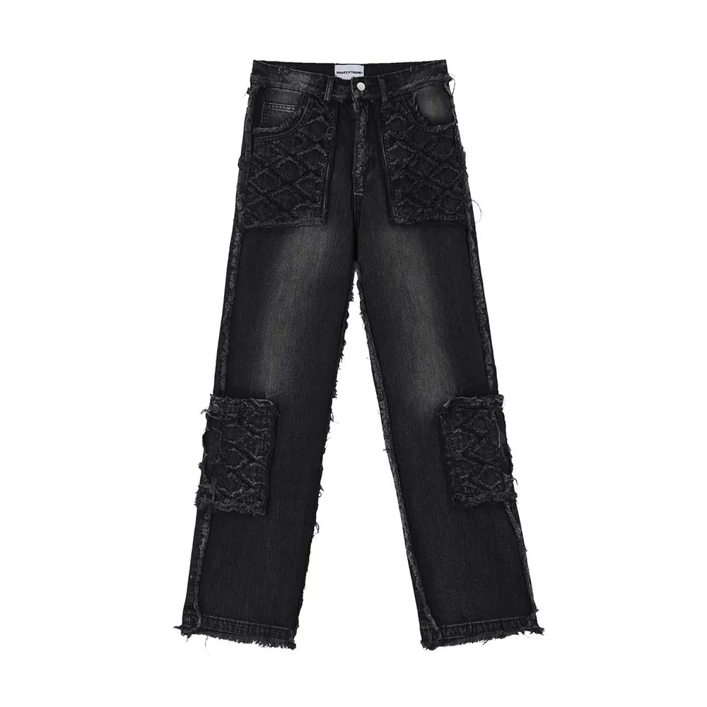 

MADE EXTREME Black Y2k Hombre Jeans for Men Hip Hop Patchwork Cargo Jeans Streetwear Men Women