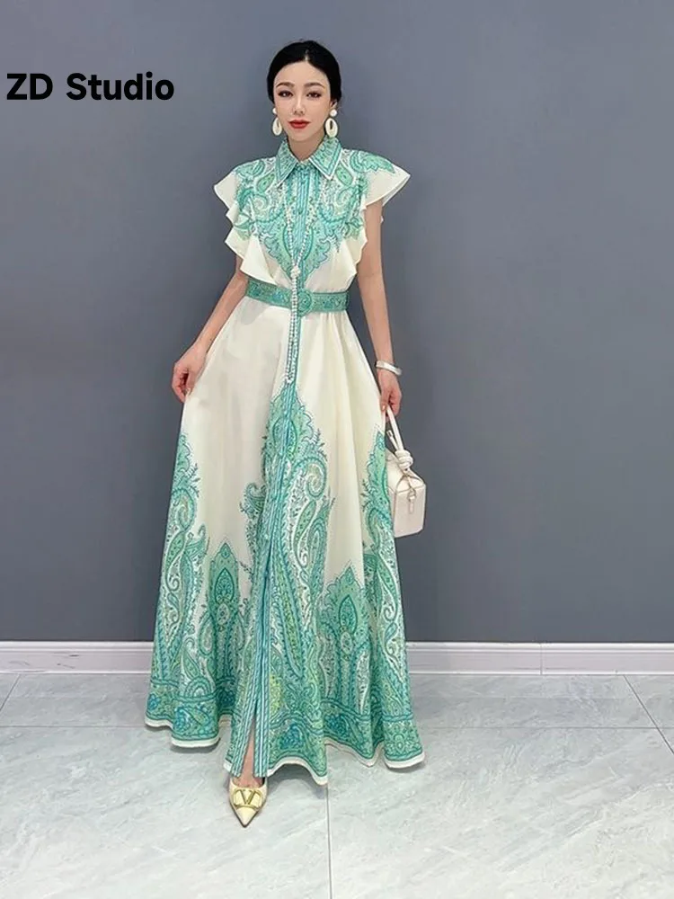 

[ZD Studio] 2023 Summer Korean Edition Slender Loose Fit Elegant Printed Dress Holiday Women's Wear