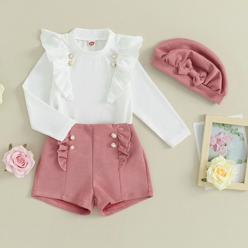 

Toddler Children Girl Short Sets Spring Autumn Clothes Long Sleeve Tops and Ruffle Shorts Beret Sets Baby Items Clothing