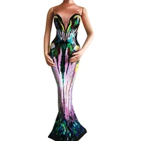 colored sequin mermaid women long dress skinny stretch dress nightclub singer performance stage wear evening prom costumes