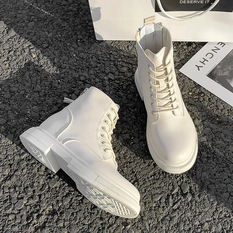 

2023 Black Platform Boots Women Boots Winter Leather Boots Lace Up Ankle Boots Motorcycle Thick Heel Platform High Heels