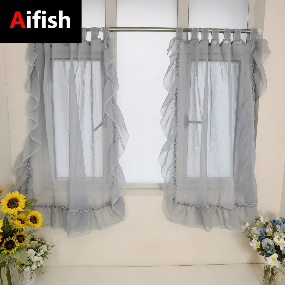 

1 Piece Pure Grey Small Half Curtains Skirt Ruffle Lace Kitchen Window Panel Breathable Airy Drapes for Doorway Tab Top 5
