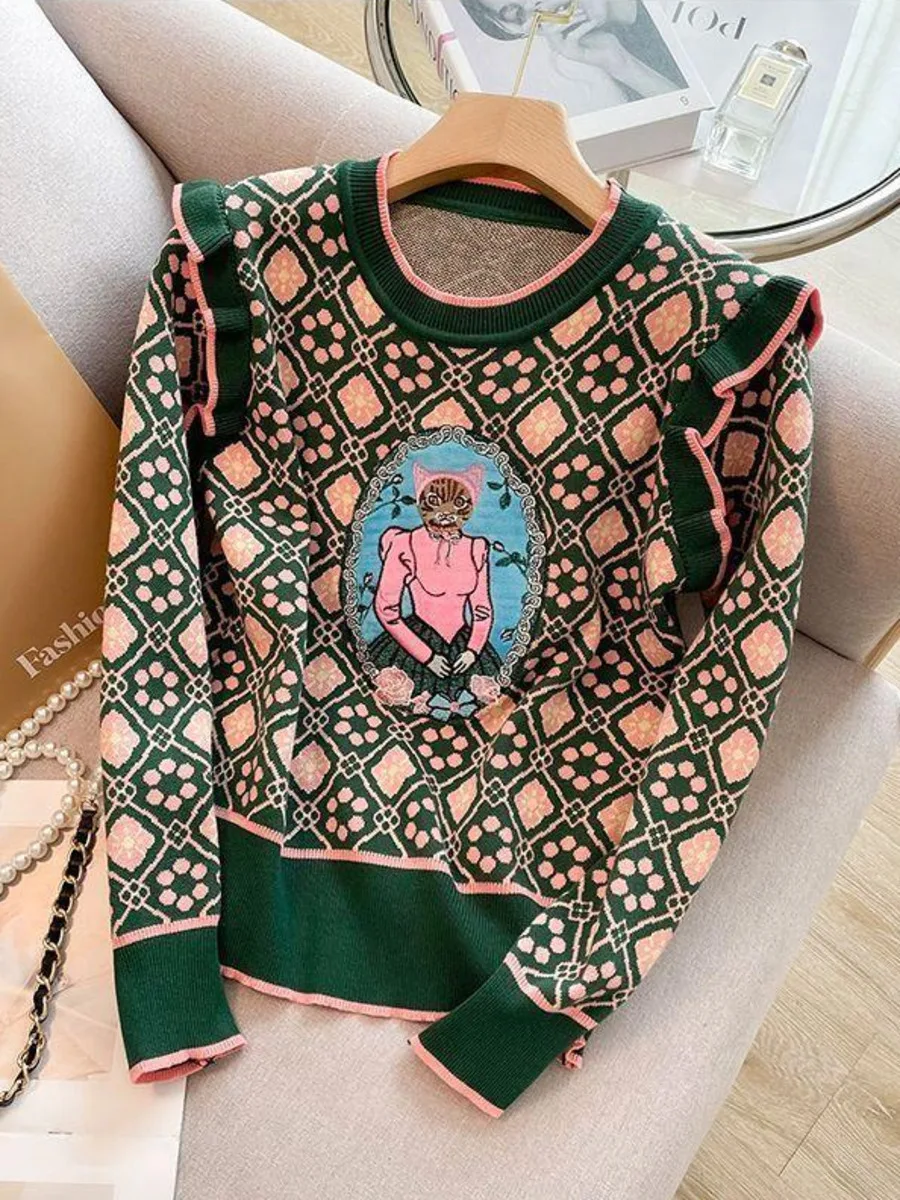 Осенний женский вязаный свитер в европейском стиле с мультяшным узором модные