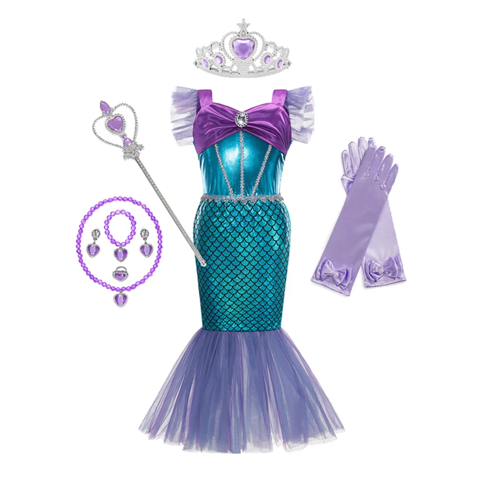 Disney Mermaid Girl Little Princess Arier Dress Cosplay Costume Children Halloween Clothes  Fancy Dress for Girls Party Prom