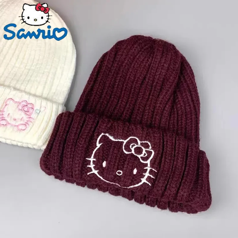 

Sanrio Hello Kitty Cartoon Knitted Wool Hat Kawaii Winter White Woolen Hat Adorkable Sweet Girl Dress Up Kids Cosplay Plush Toy