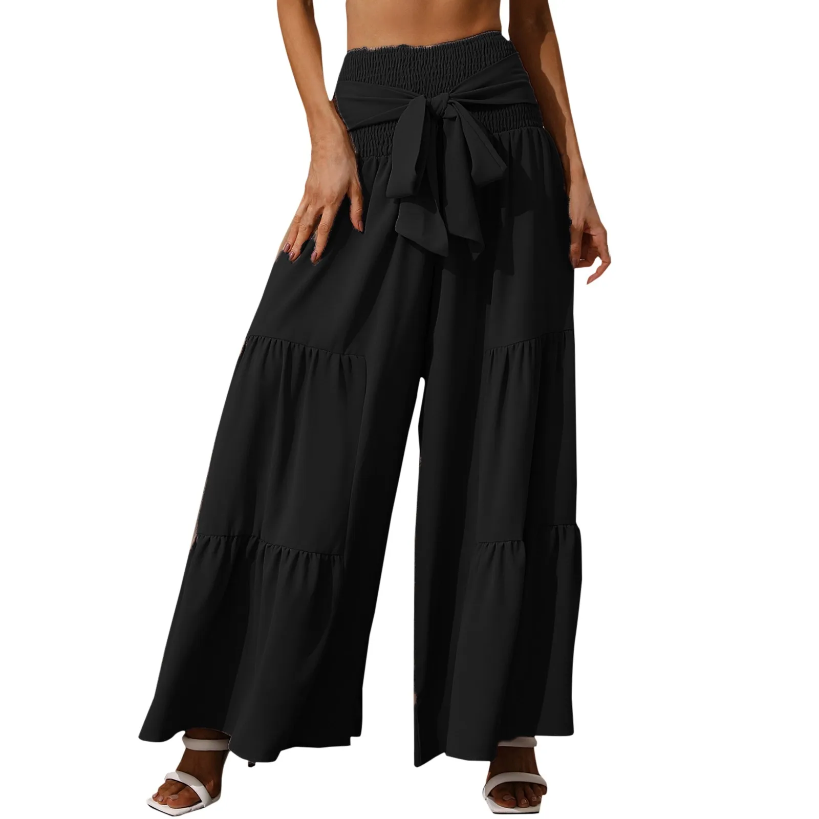 

Красивая рабочая одежда для женщин, женские плиссированные брюки-клеш из вискозы с завышенной талией и эластичным поясом, Женские повседне...