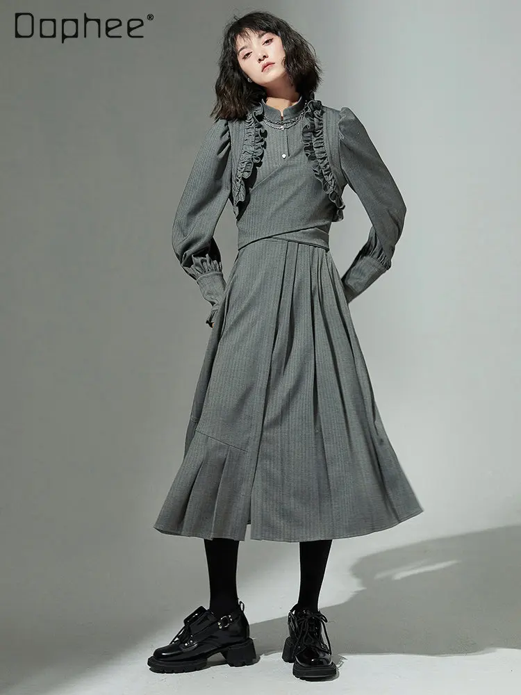

Chinese Stand Collar Single-breasted Asymmetric Gray Dress 2022 Winter Original Graceful Long Puff Sleeve Pleated Ruffled Dress