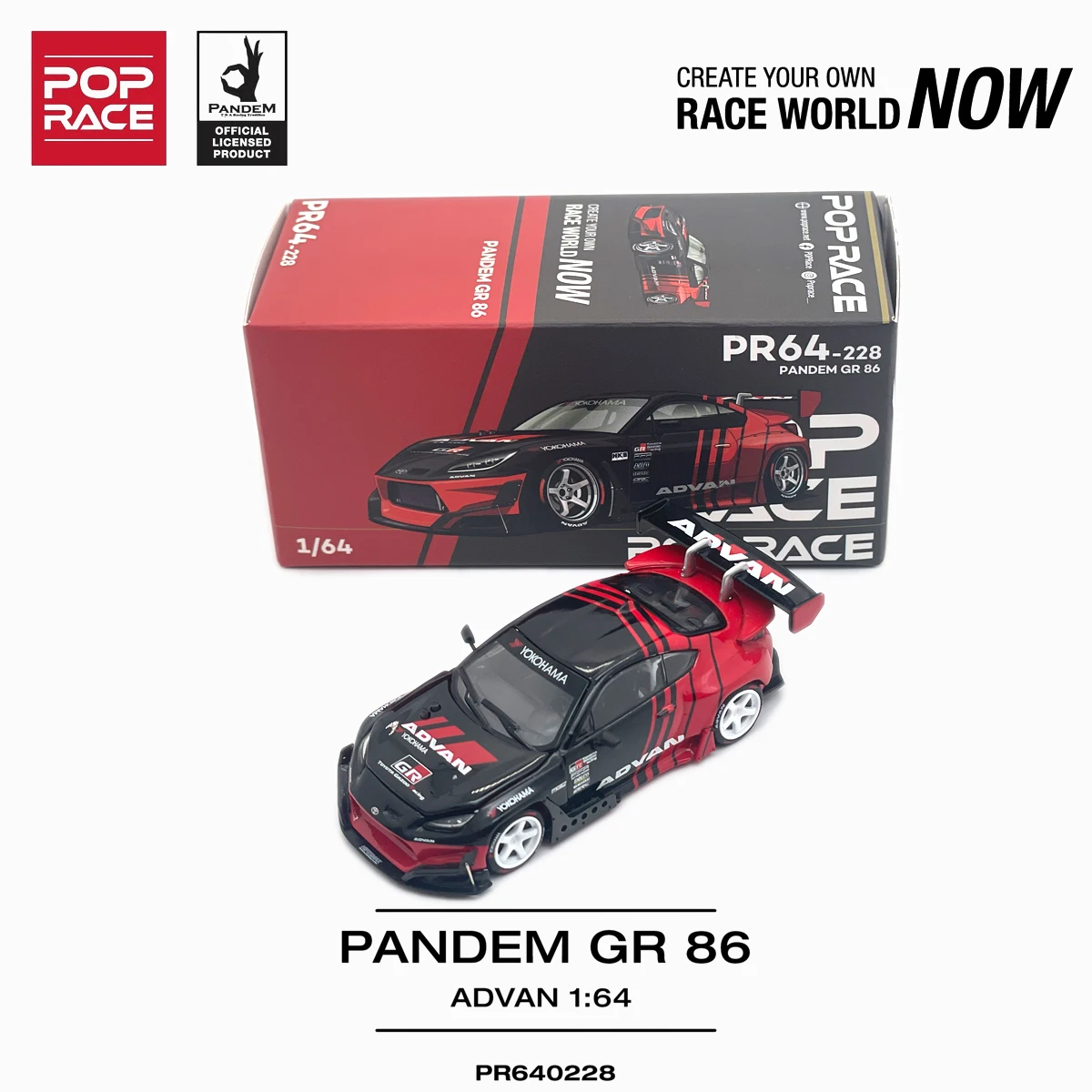 Фото В наличии, готов к отправке: Pop Race PR640228 1:64 Pandem Toyota GR86 Advan Black Red Widebody Open Hood JDM, литая модель автомобиля №5