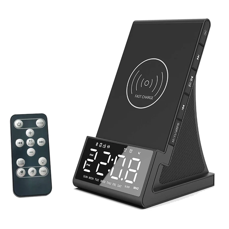 

Alarm Clock Radio With Wireless Charging For Bedroom, Bluetooth Speaker Clock, USB Charger, Temperature Detect(EU Plug)