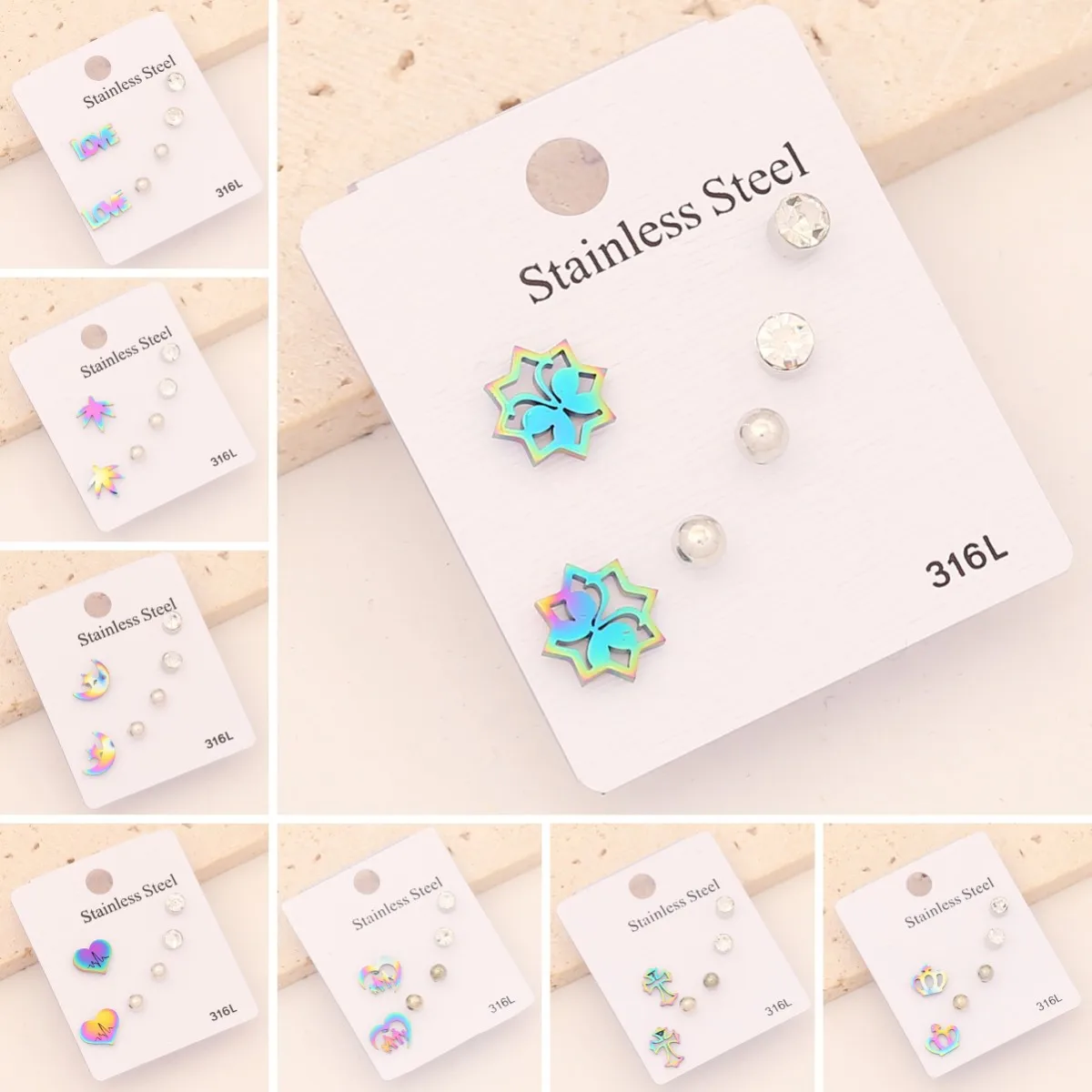 

3 Pairs Stainless Steel Earrings For Women Cross Heart Moon Butterfly Stud Earrings Set Jewelry Gift Brincos