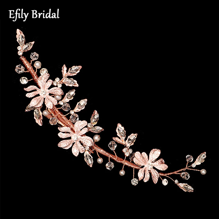 

Efily Rose Gold Color Bridal Flower Hair Clip Wedding Hair Accessories Crystal Rhinestone Pearl Bride Headdress Bridesmaid Gift