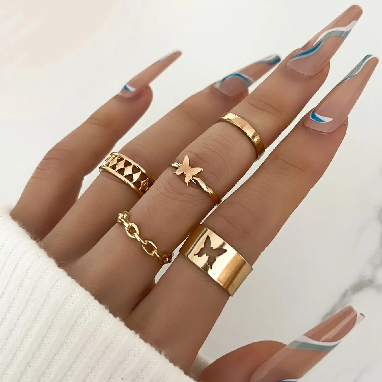 

Stillgirl 5Pcs Vintage Butterfly Gold Matching Ring for Women Kpop Simple Geometric Set Female Y2k Fashion Jewelry Anillos Mujer