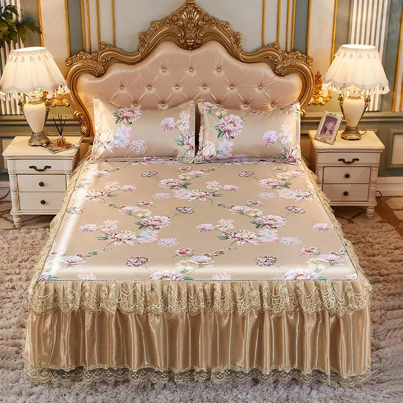

Summer Ice silk bed skirt three-piece set 1.8m bed 1.5m1.2m bed two-piece set lace bed skirt cool bed sheet With pillowcases