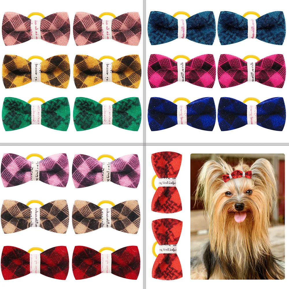 

10PCS New Style Dog Grooming Hair Bow Plaid Cotton Soft Cat Bowknot Hand-made Puppy Headwear Rubber Bands For Small Dog Supplies