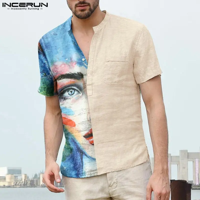 

Men Shirt Cotton Print Patchwork Stand Collar Short Sleeve Casual Men Clothing Vintage 2023 Streetwear Camisas INCERUN S-5XL