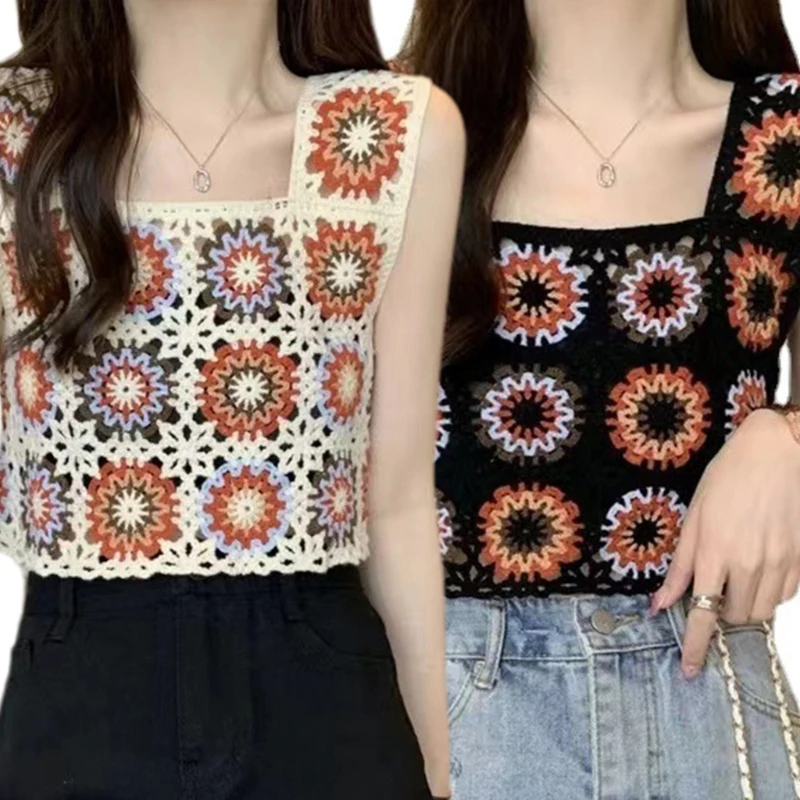 Q1FA Womens Knit Crochet Colorful Geometric Floral Mini Vest Sleeveless Square Neck Crop Tank Top Beach Holiday Camisole