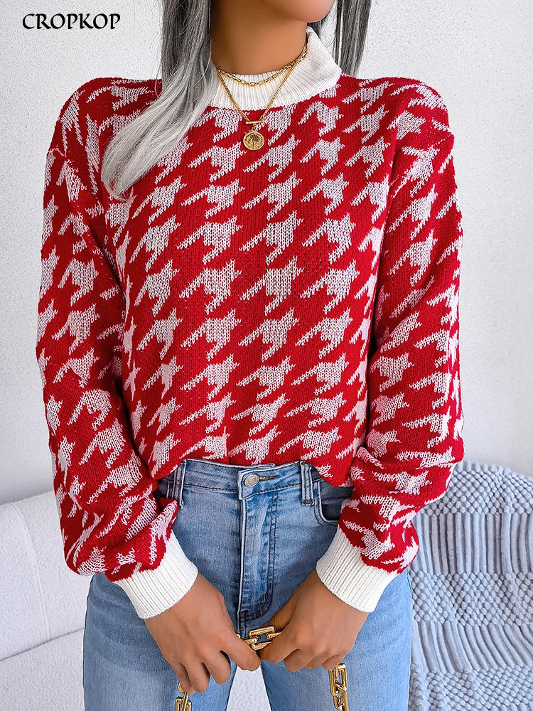 

Модный женский свитер с рисунком «гусиные лапки», повседневный вязаный Топ с длинным рукавом, элегантный черный пуловер с круглым вырезом, базовые свитера на осень и зиму 2022