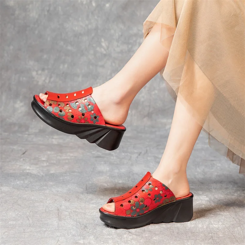 Women's Sandals Slippers Women's Clothing 2023 New Vintage National Style Genuine Leather Fishmouth Slippers Women's Clothing