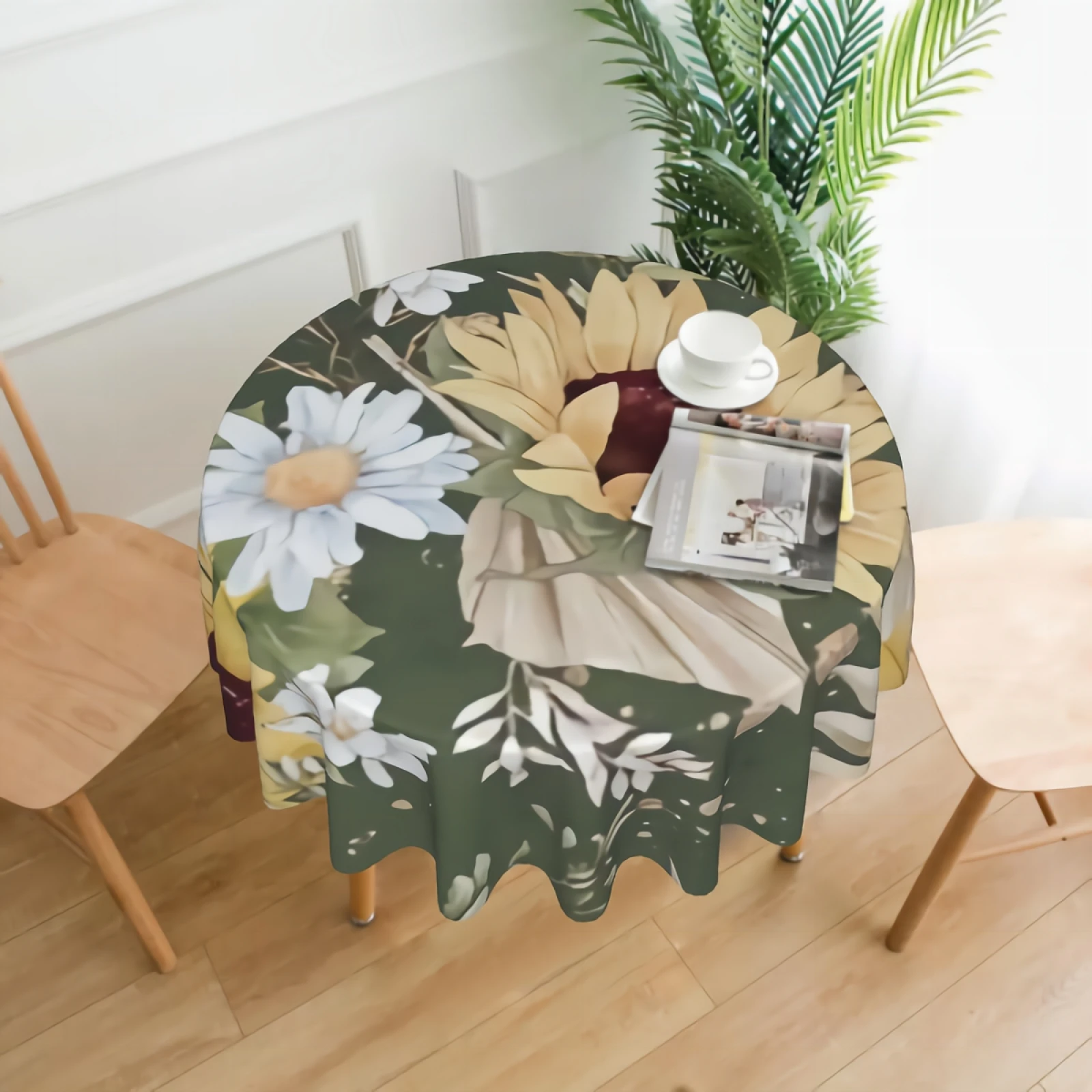 

Sunflowers Decorative 60" Round Polyester Tablecloth - Printed Pattern Washable Table Cloth Dinner Kitchen Home Decor