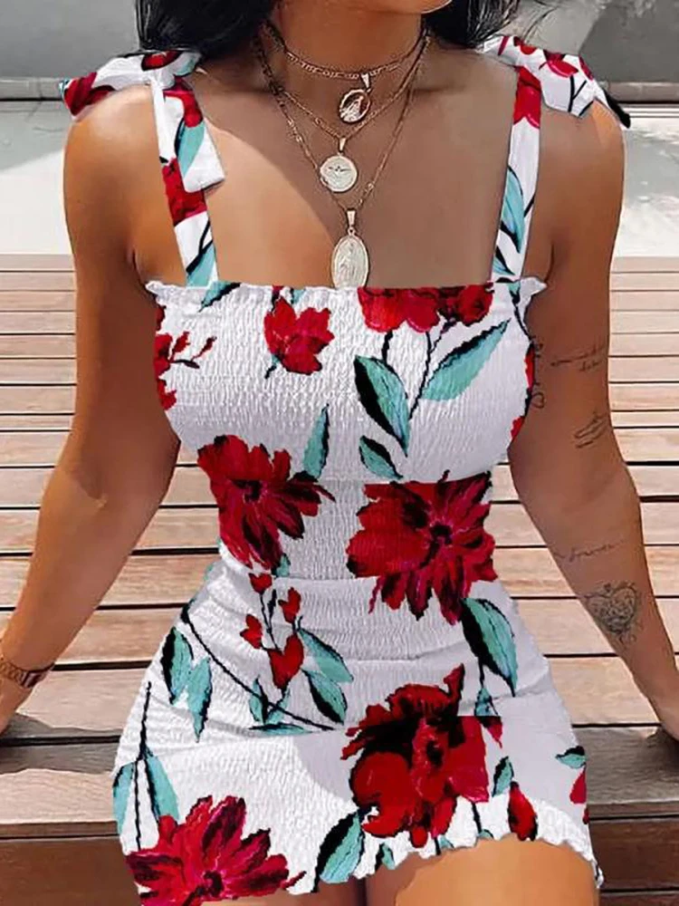 

Sexy Off Shoulder Bow Lace-up Bodycon Mini Dress Women 2022 Summer Elegant Sleeveless Slim Floral Print Beach Party Dresses