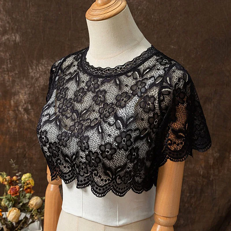 

Женский однотонный топ с круглым вырезом и цветочной вышивкой, прозрачные базовые Топы, кружевные мягкие красивые короткие рукава
