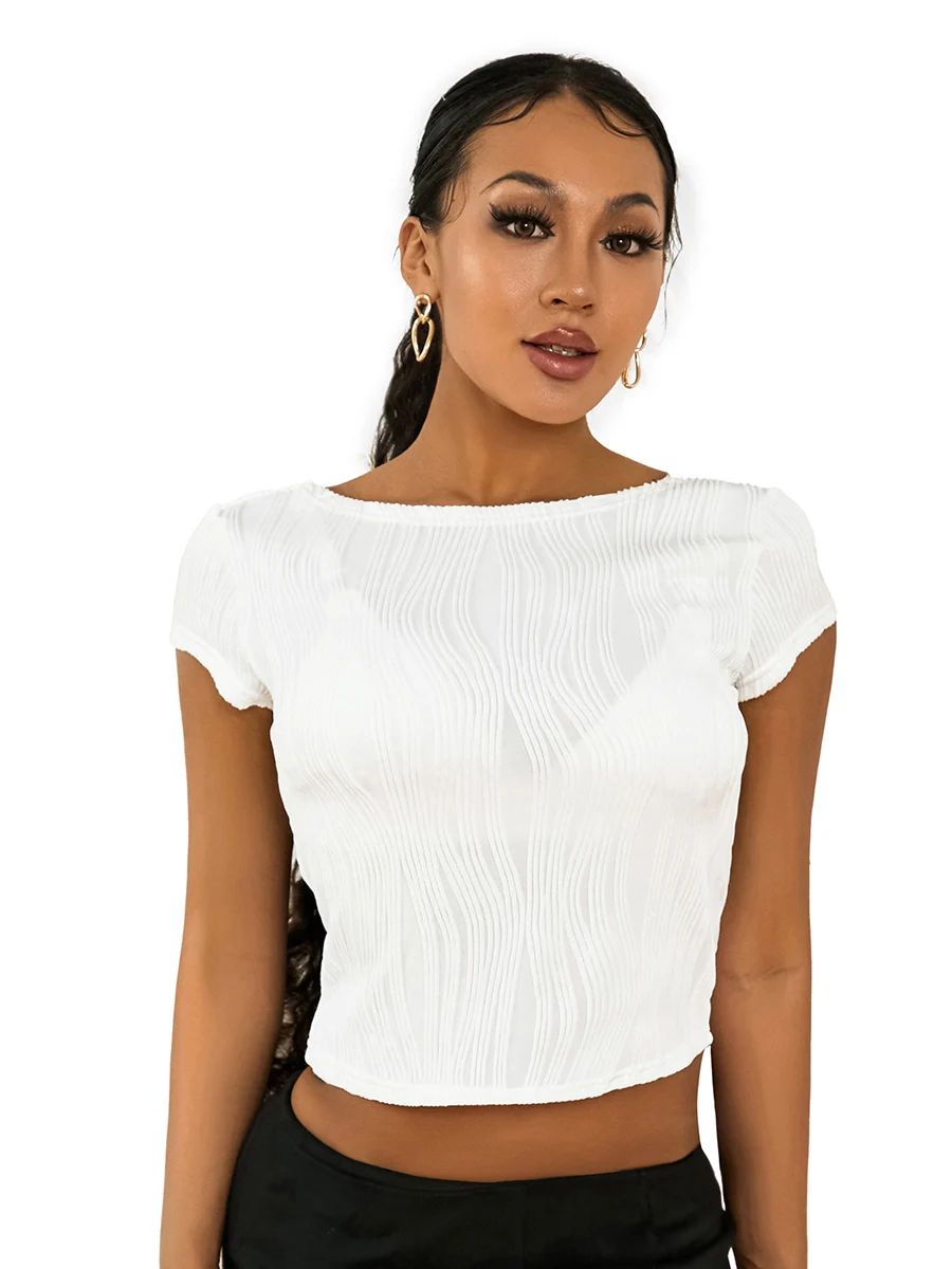 

Women Summer Short Sleeve Textured Crop Top Open Back Slim Fitted Crew Neck Casual Cropped Tee Shirts Streetwear