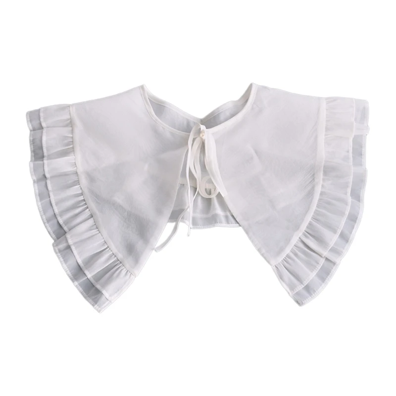 

Layered Ruffled Trim Bowknot Faux Collar Women White Big Shawl Ribbon Capelet
