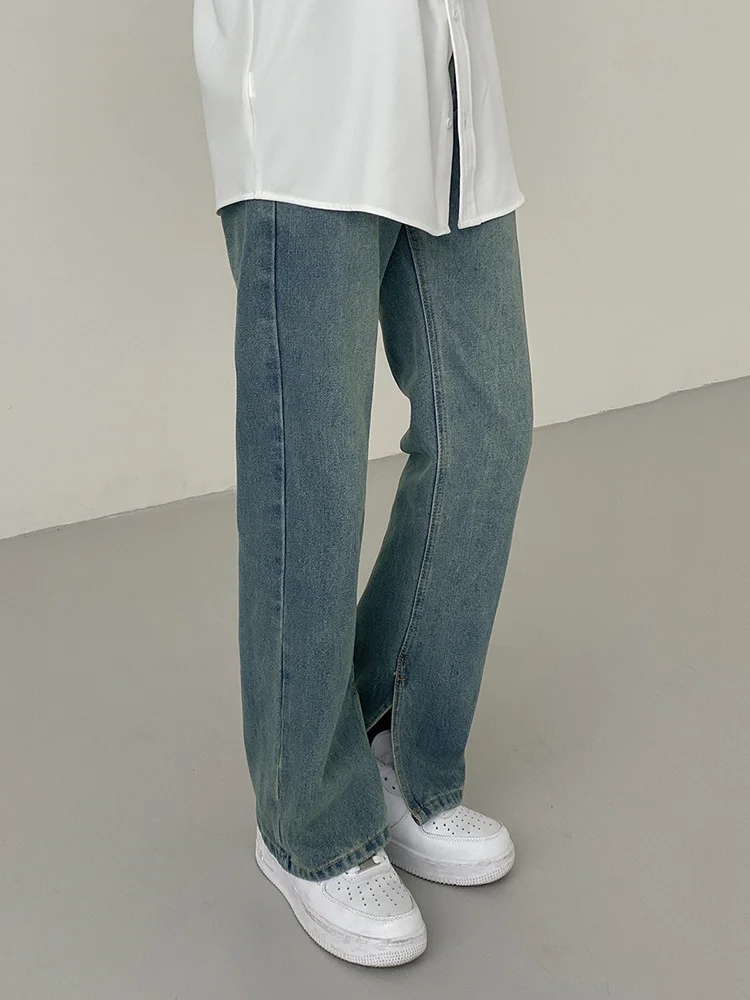 

Стильные Ретро корейские простые тонкие мужские повседневные джинсовые брюки с синим разрезом Новинка Осень 2023 модные прямые джинсы 2A1779