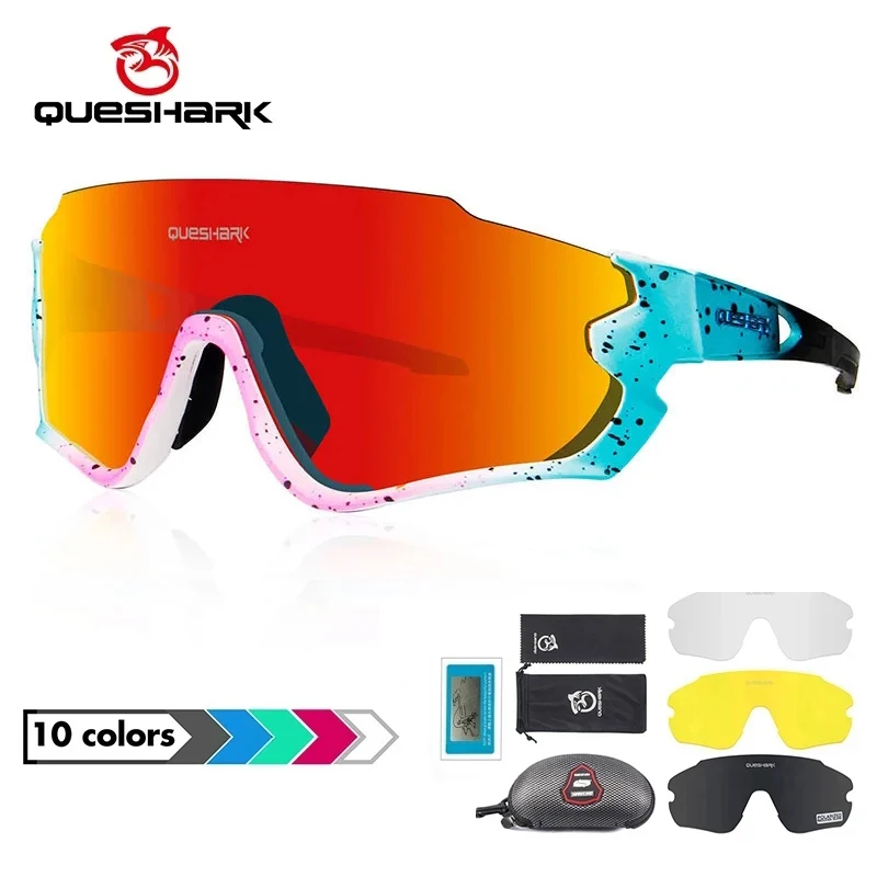 

QUESHARK Women Men Polarized Cycling Sunglasses Sports MTB 4 Lens/Set Bicycle Eyewear Riding Road UV Mirror Bike Goggles QE45