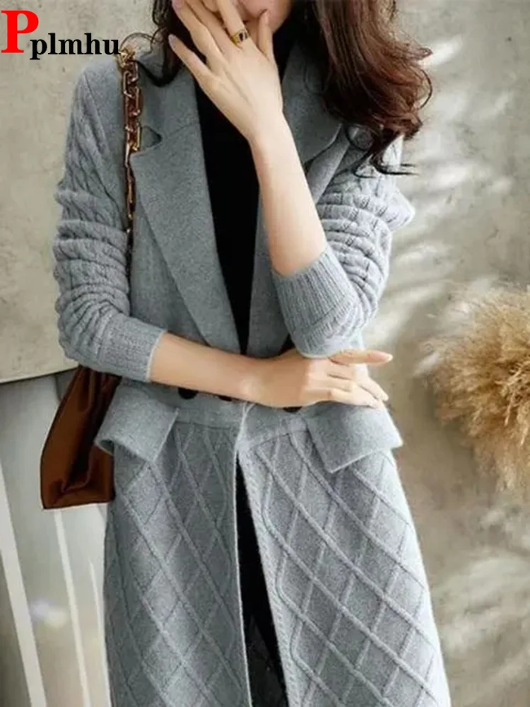

Loose Long Sleeve Top Casual Laple Knitewear Gilet Women New Elegant Sweater Thicken Warm Winter Mid-length Knitted Cardigan
