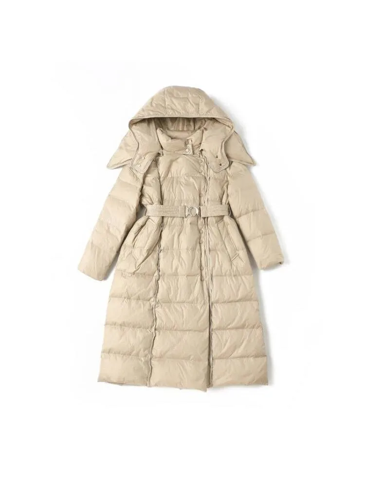 2022 Winter Hooded Long Black Thick 90 White Duck Down Coats Women High Collar Lace Up Single Breasted Windproof Warmer Jackets