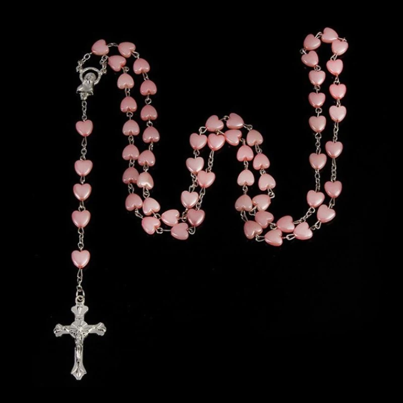 

Fashion Love Heart Pink Rosary Beads Cross Pendant Necklace Prayer Christian Religious Jewelry Gift