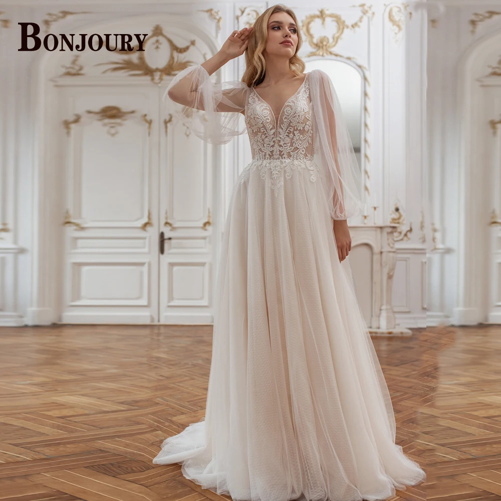 

BONJOURY Delicate Wedding Dresses For Women 2022 Bride Backless Puff Sleeve Lace Appliques Bridal Gown Robe De Mariée Customized