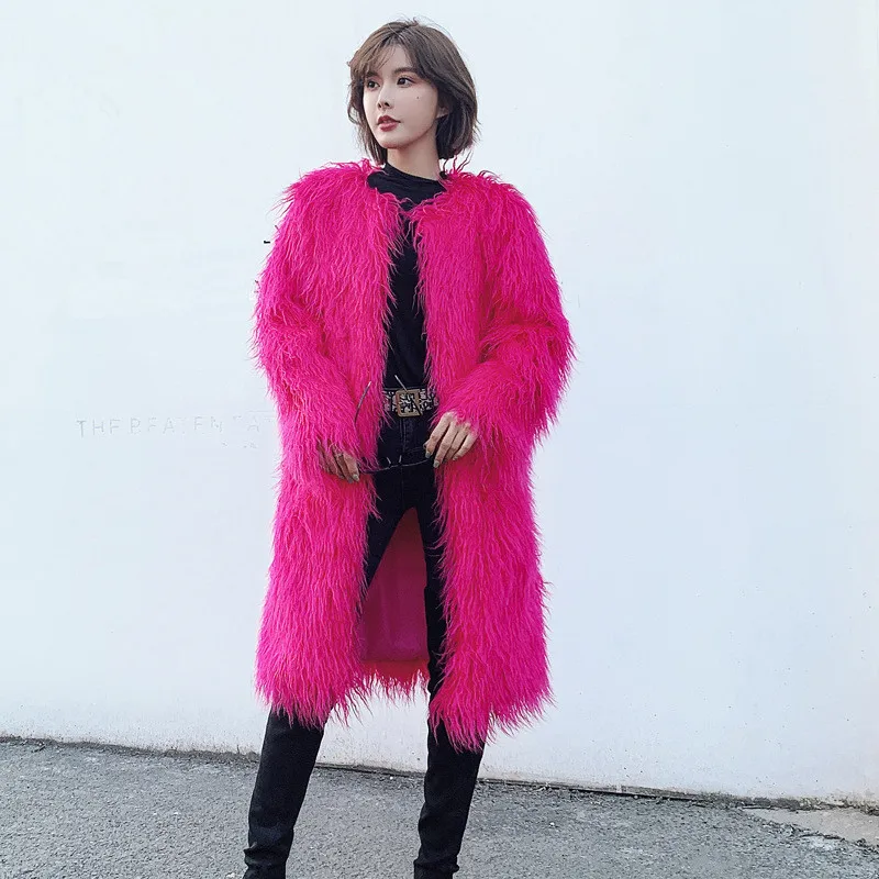 Winter New Lamb Wool Coat Womens Over-the-knee Mid-long Fur Jackets Female Imitation Wool Personality Long-haired Fur Coats