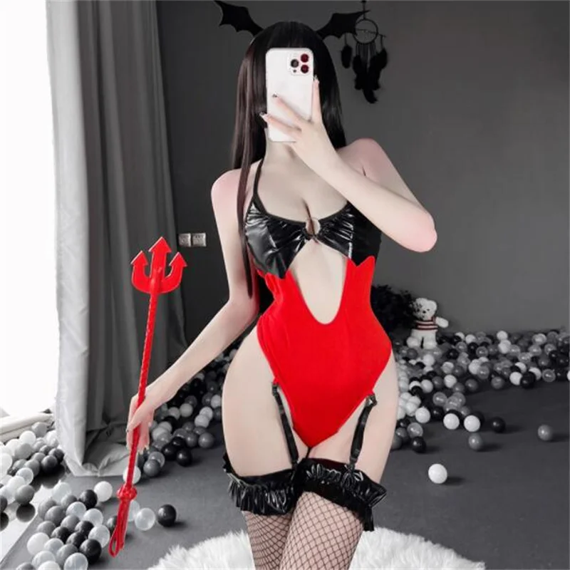 

Сексуальное нижнее белье для косплея, кожаное порно, красное боди, халтер, v-образный вырез, женские костюмы, Аниме наряд 2022
