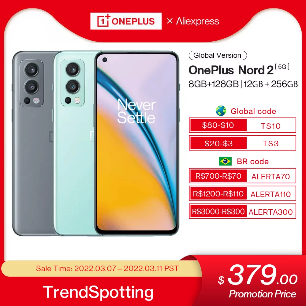 

Global Version OnePlus Nord 2 5G 128GB/256GB MTK Dimensity 1200AI Smartphone 6.43" 90Hz AMOLED 50MP Triple Camera Warp Charge 65