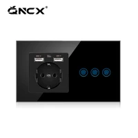 qncx fr touch switch with usb socket combination crystal glass panel ac110250v 16a wall plug with light switch 1gang 1way