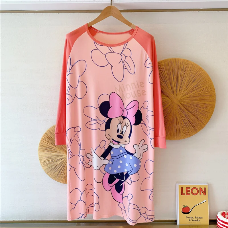 Disney Cartoon Minine Mouse Nightgown Lounge for Girls Autumn Fall Loose Sleepwear Long Sleeve Midi Dress Ladies Sleepshirt