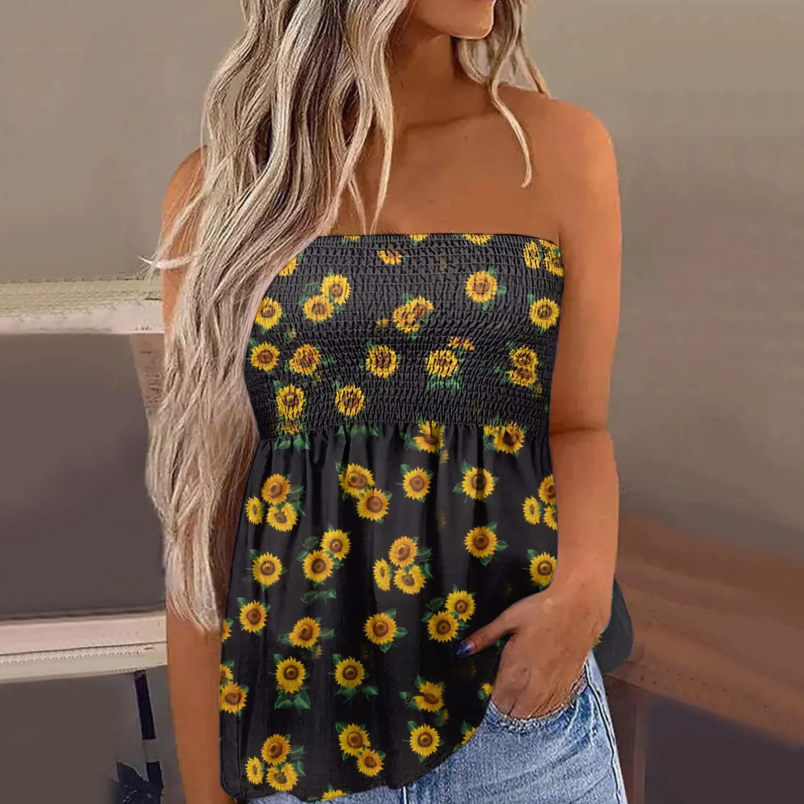 

Женская блузка без бретелек, с открытыми плечами и цветочным принтом