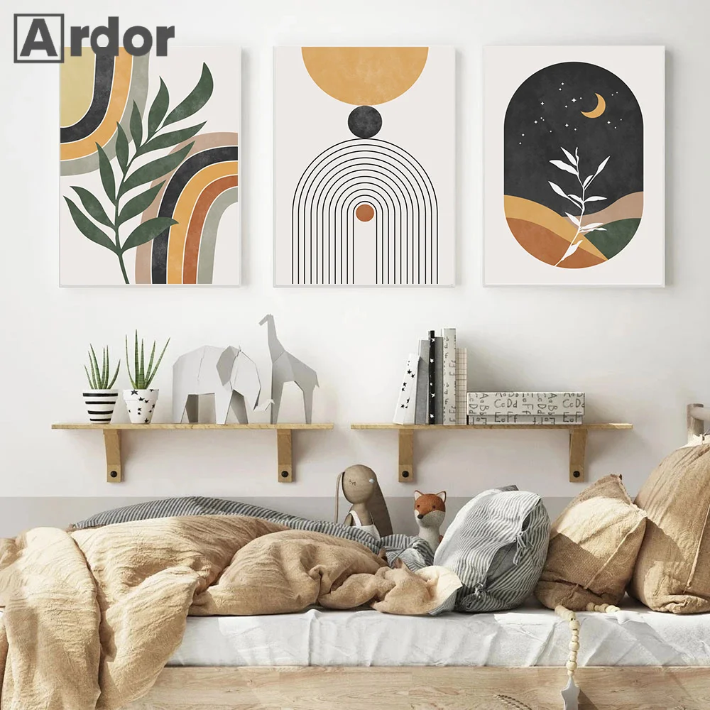 

Boho Sun Moon Leaves Line Rainbow Canvas Painting Abstract Neutral Posters and Prints Wall Art Pictures for Living Room Decor
