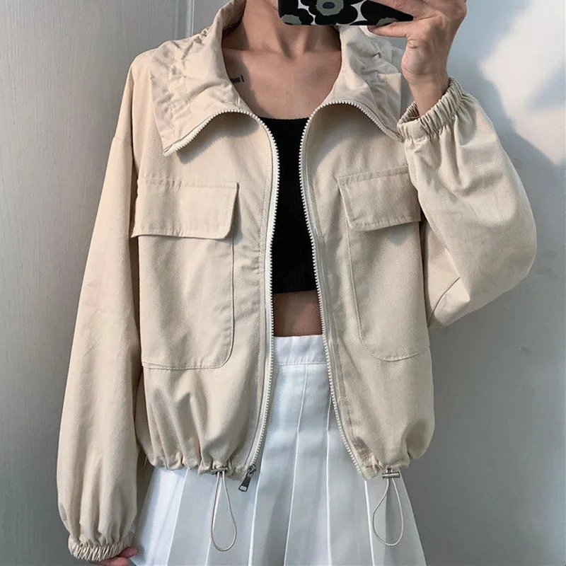 

Women Autumn Cropped Jacket 2022 New Drawstring Zipper Cargo Coats Female Solid Color Streetwear Casual Outerwear