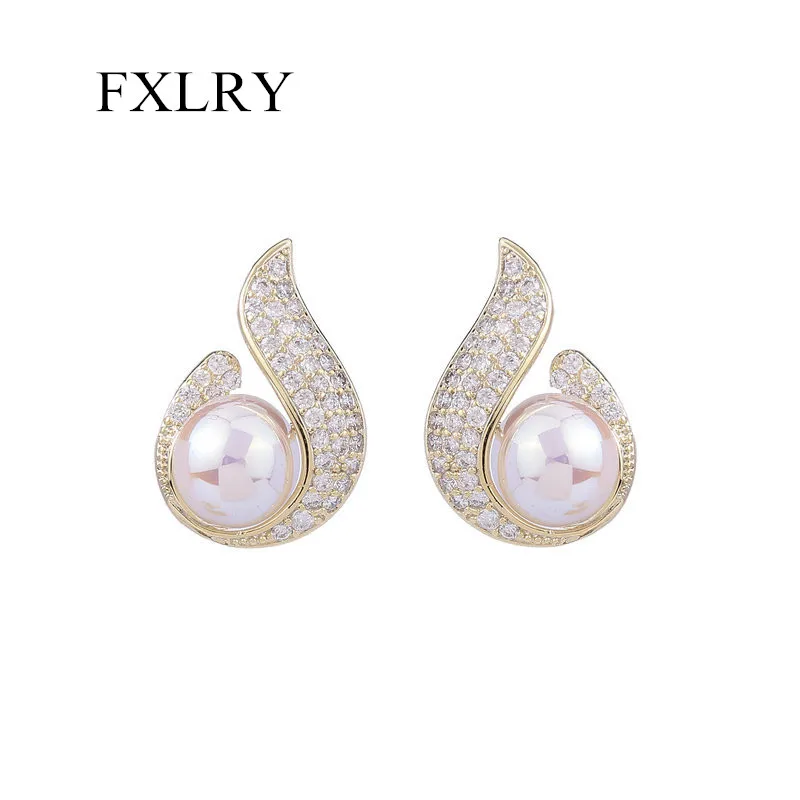 

FXLRY New Design Inlaid With Zircon Small Flame Baroque Pearl Stud Earrings For Women Wedding Jewelry