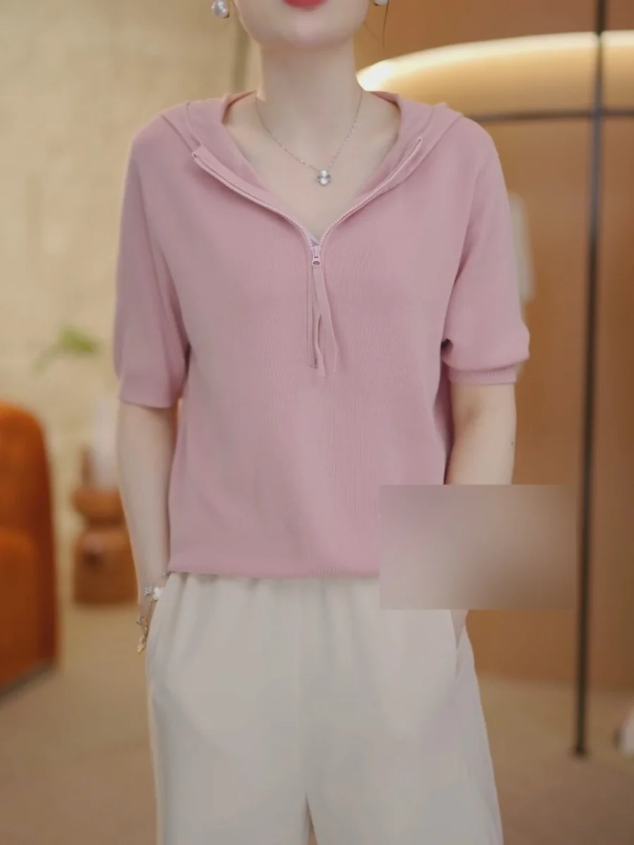 Knitted Short sleeve T-shirt Women 2024 Summer New Hoodie Raglan Plus size Chubby Girl Soft Glutinous Hood Pullover Top